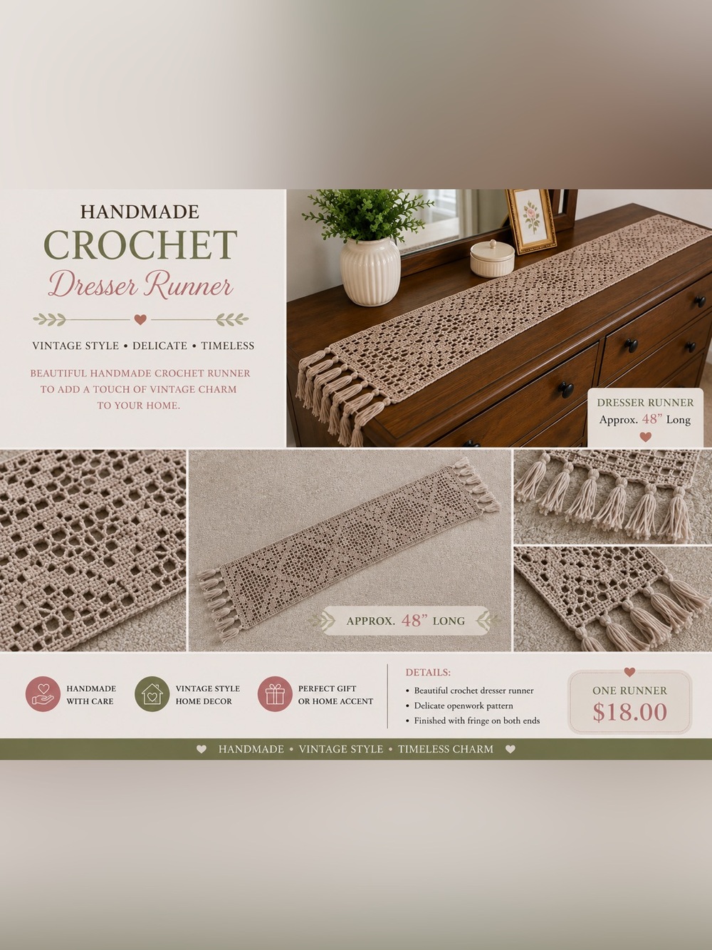 Vintage Handmade Crochet Table Runner with Fringe โ Beige/Taupe